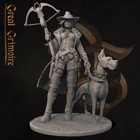 Dana and Dog | TTRPG Miniature | Great Grimoire | Unpainted, Unplated Resin 8k