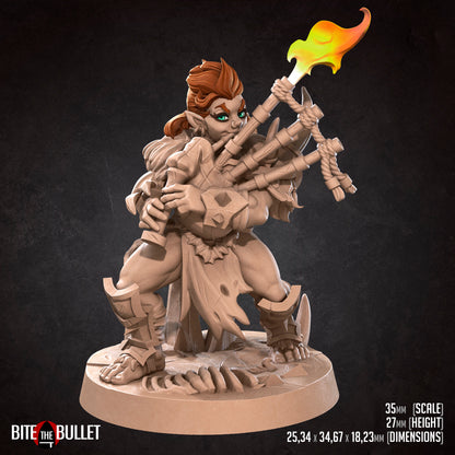 Halfing Bard, Bagpipes | TTRPG Miniature | Bite the Bullet | Unpainted, Unplated Resin 8k