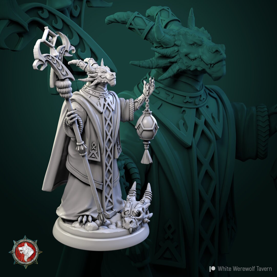 Dragonborn Priest | TABLETOP SCALE | TTRPG Miniature | White Werewolf Tavern | Unpainted, Unplated Resin 8k