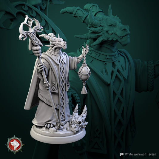 Dragonborn Priest | TABLETOP SCALE | TTRPG Miniature | White Werewolf Tavern | Unpainted, Unplated Resin 8k