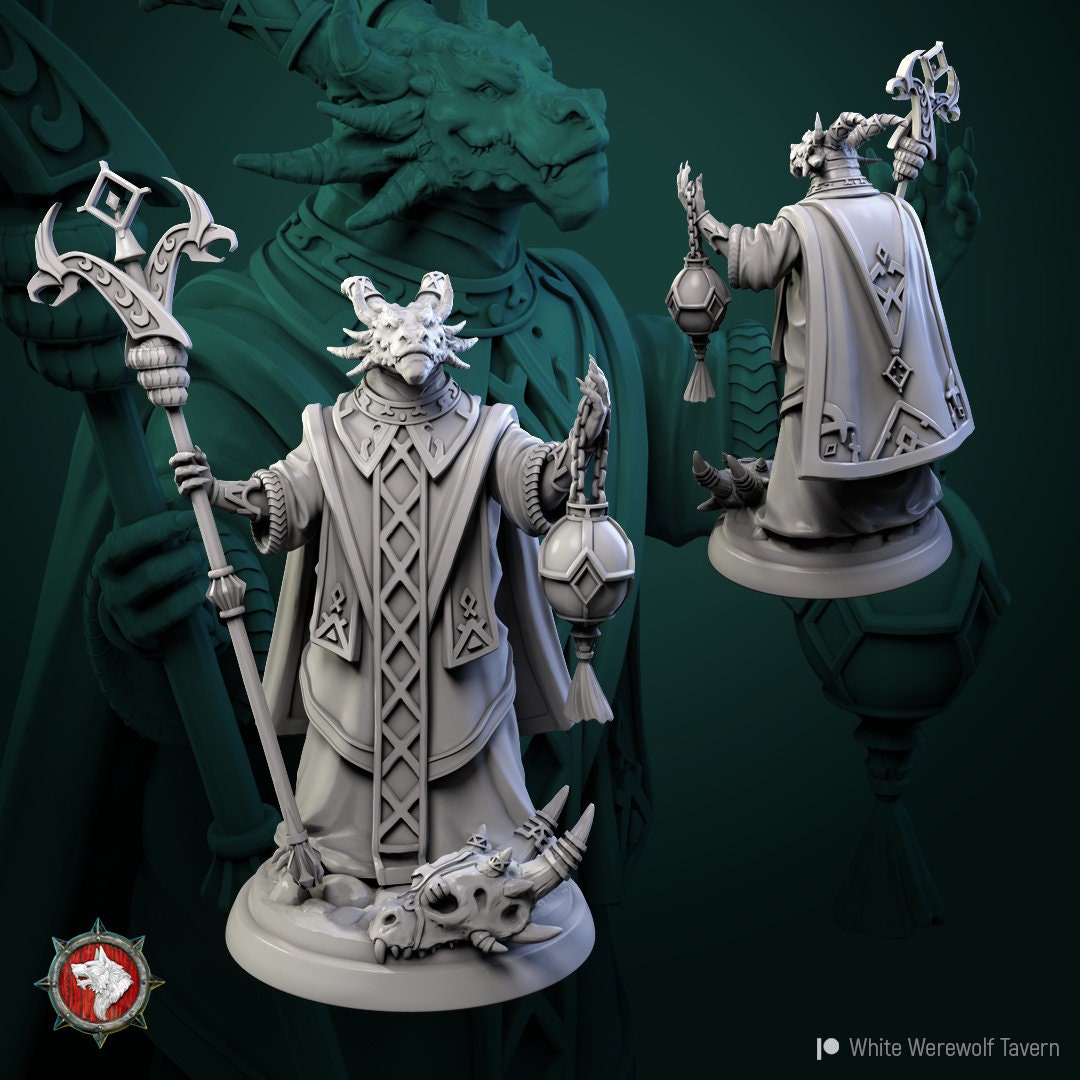 Dragonborn Priest | TABLETOP SCALE | TTRPG Miniature | White Werewolf Tavern | Unpainted, Unplated Resin 8k