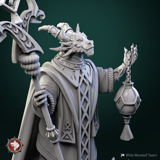 Dragonborn Priest | TABLETOP SCALE | TTRPG Miniature | White Werewolf Tavern | Unpainted, Unplated Resin 8k
