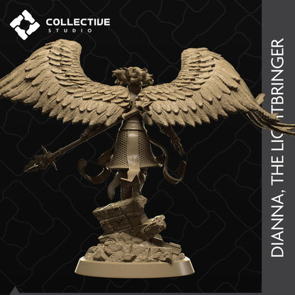 Dianna, the Lightbringer Angel Aasimar Paladin miniature by Tattles Told 3D, featuring detailed angelic armor and a radiant pose.