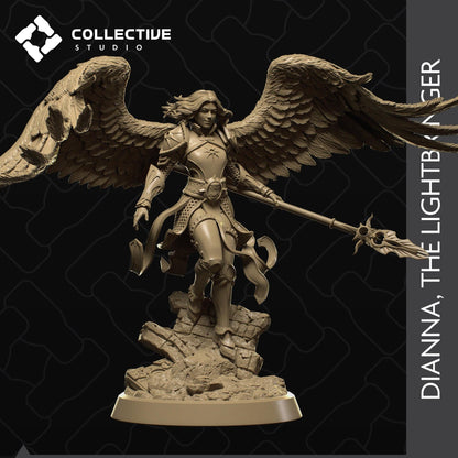 Dianna the Lightbringer Angel Aasimar Paladin miniature by Tattles Told 3D, standing figure for tabletop gaming or display.