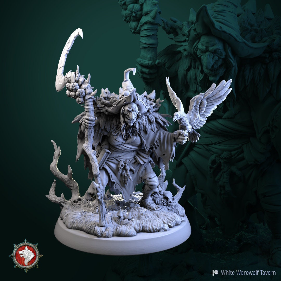Unpainted white resin TTRPG miniature of Rotten Peggy, a werewolf tavern character by Tattles Told 3D, detailed and unplated.