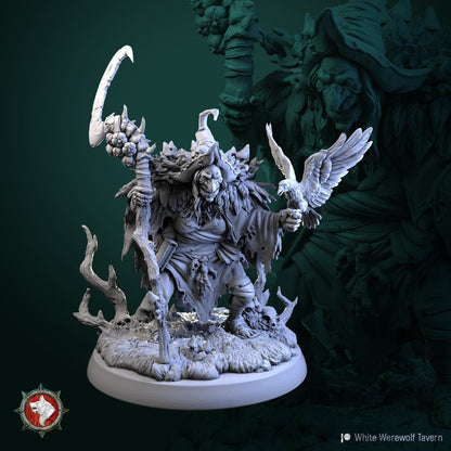 Unpainted white resin TTRPG miniature of Rotten Peggy, a werewolf tavern character by Tattles Told 3D, detailed and unplated.