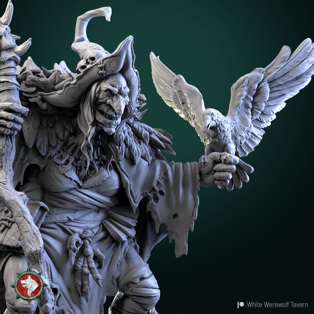 Unpainted Tattles Told 3D Rotten Peggy TTRPG miniature of a white werewolf for tabletop gaming, resin unplated detail.
