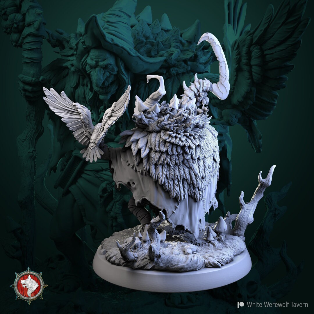 Unpainted Resin Rotten Peggy TTRPG miniature of a white werewolf tavern character by Tattles Told 3D.