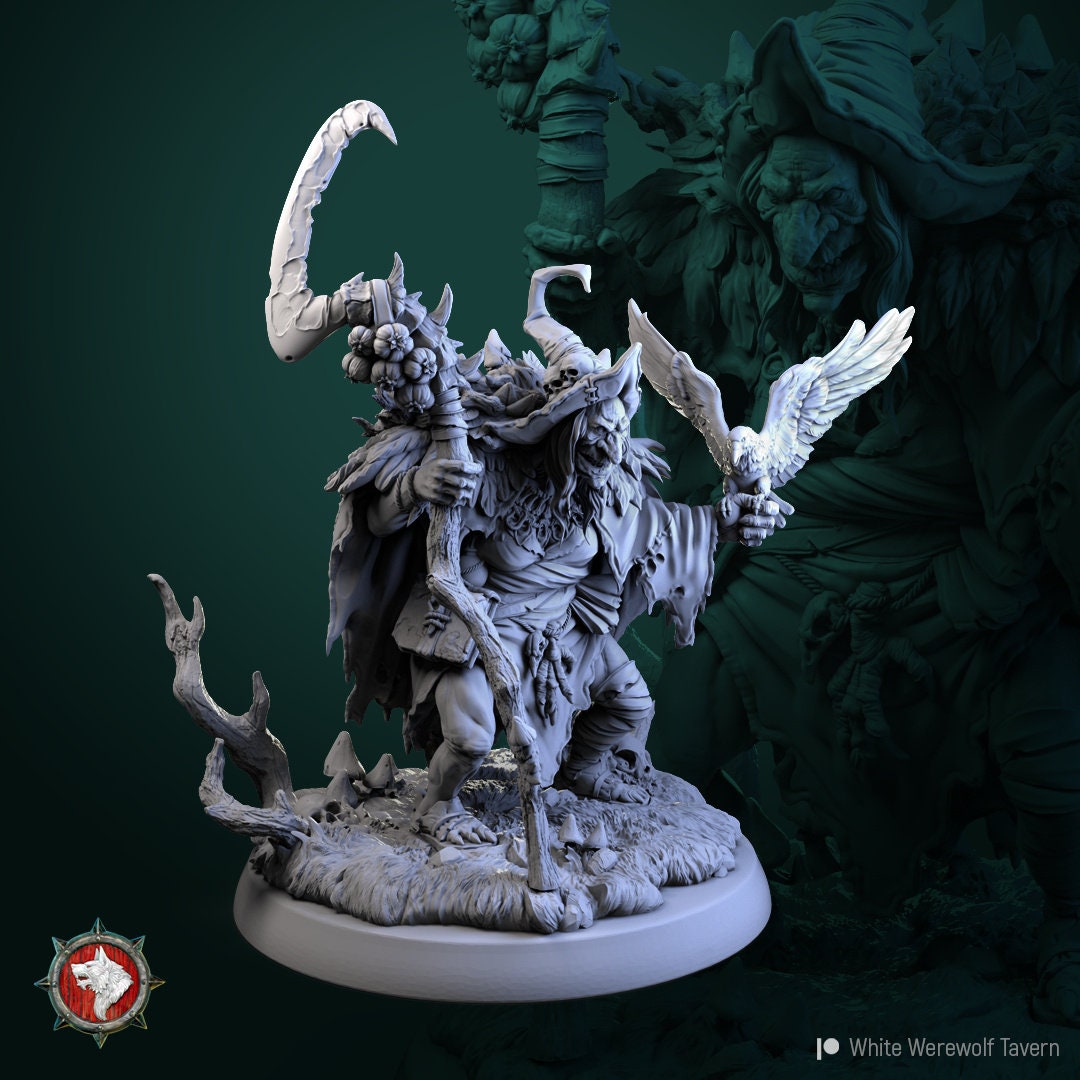 Unpainted resin Rotten Peggy TTRPG miniature of a white werewolf in a tavern scene by Tattles Told 3D, detailed and unplated.