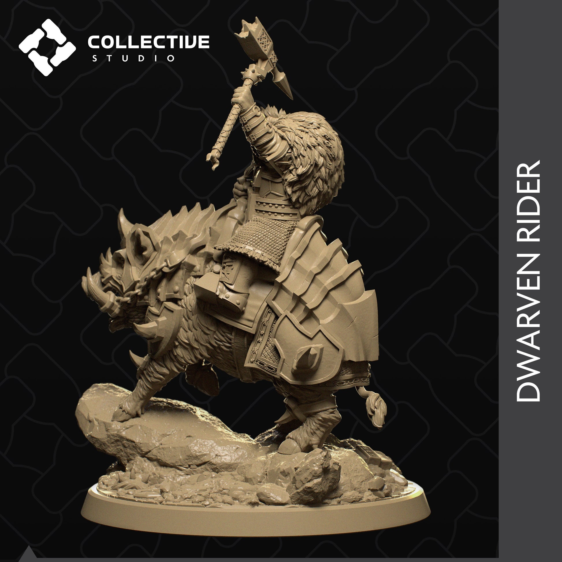 Dwarven Rider, Armored Boar Mount | Tabletop Gaming Mini or Display Figure | Collective Studio