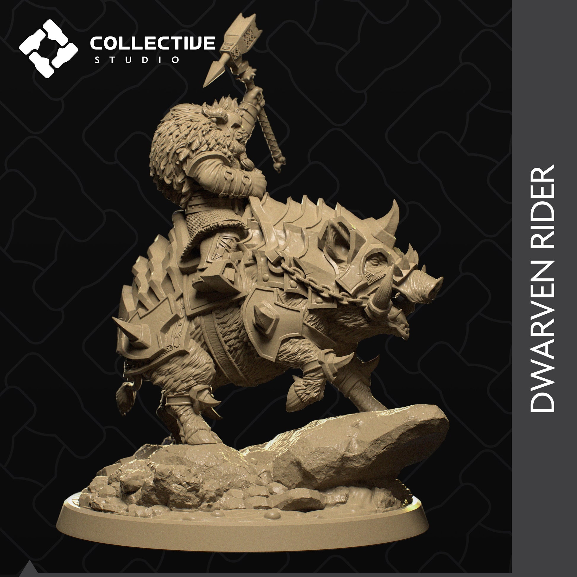 Dwarven Rider, Armored Boar Mount | Tabletop Gaming Mini or Display Figure | Collective Studio