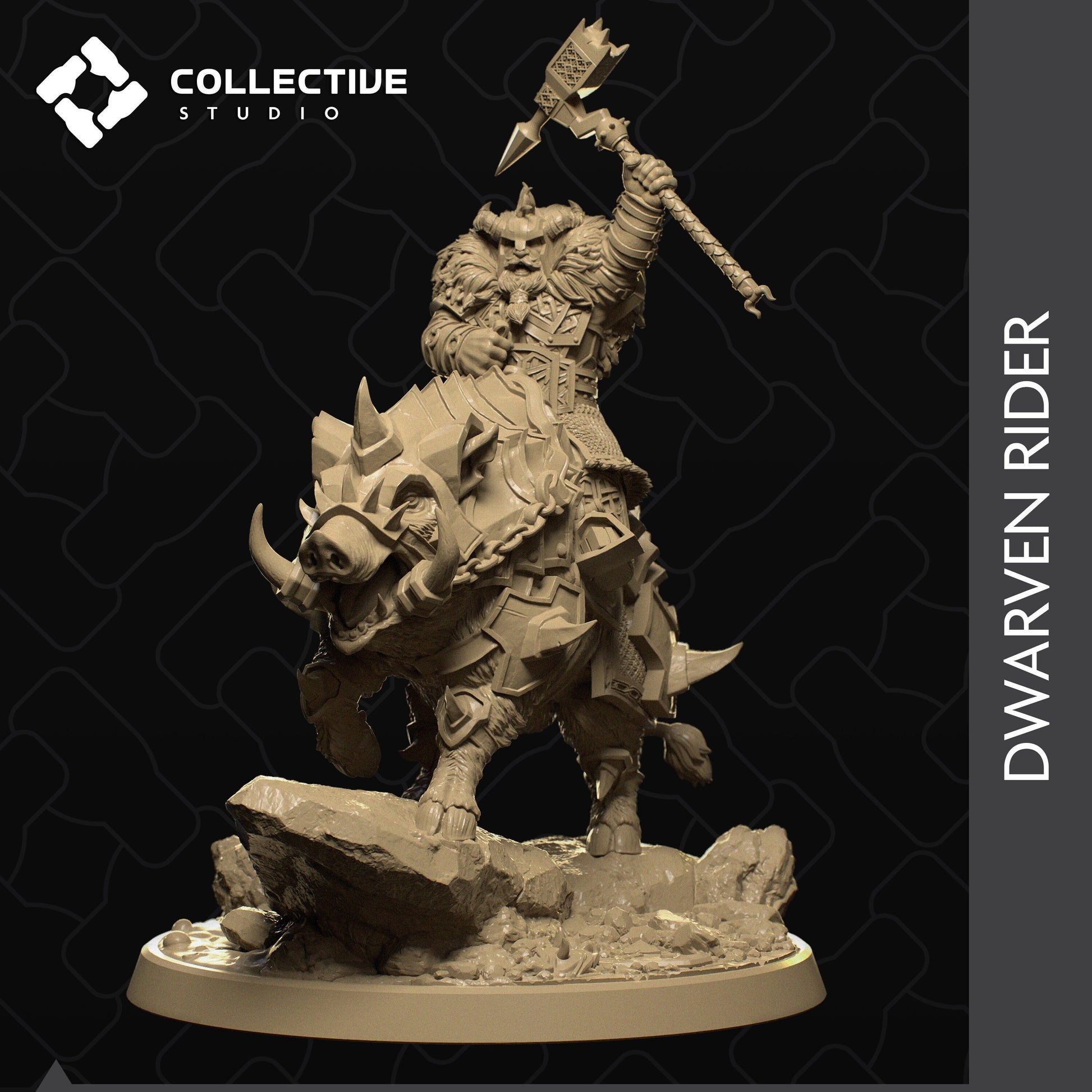 Dwarven Rider, Armored Boar Mount | Tabletop Gaming Mini or Display Figure | Collective Studio