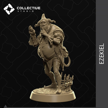 Tattles Told 3D Ezekiel Twisted Jester miniature tabletop gaming figure by Collective Studio, detailed display of a twisted jester character.