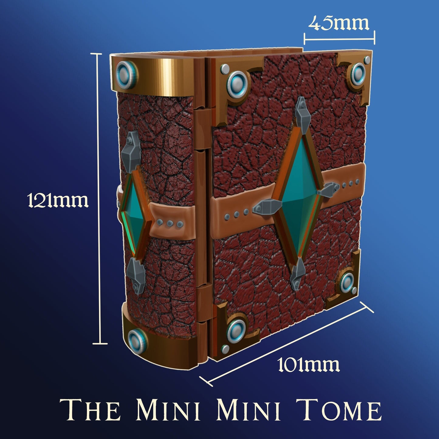 Miniature 3D printed gaming storage accessory called The Mini Mini Tome by Tattles Told 3D, shown in detailed view.