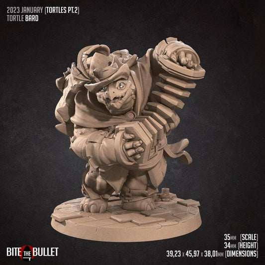 Tortle Bard | TTRPG Miniature | Bite the Bullet | Unpainted, Unplated Resin 8k