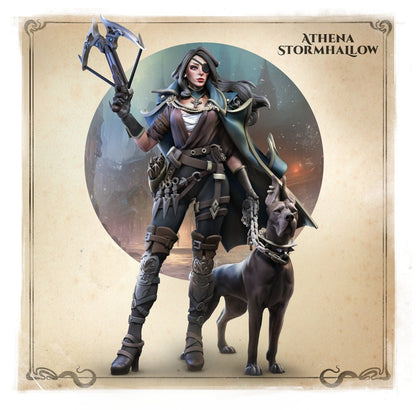 Athena Stormhallow, Ranger Monster Hunter | TTRPG D&D Miniature | Great Grimoire | Unpainted, Unplated Resin 8k