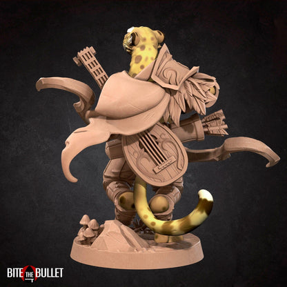 Tabaxi Battle Bard Archer | TABLETOP SCALE | TTRPG Miniature | Bite the Bullet | Unpainted, Unplated Resin 8k