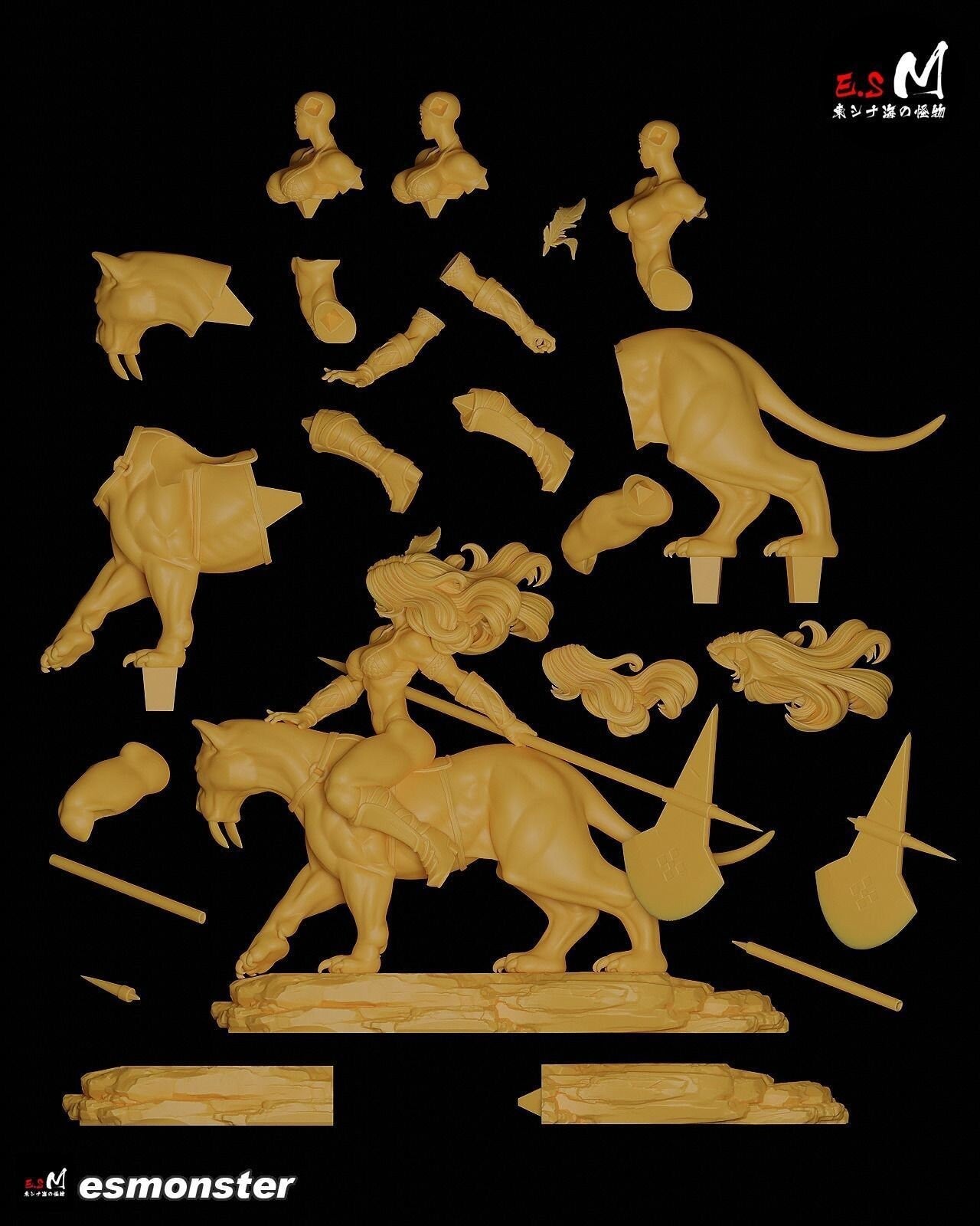 Mighty Amazon Warrior and her Mount | Resin Garage Kit Sculpture Anime Video Game Fan Art Statue | E.S Monster