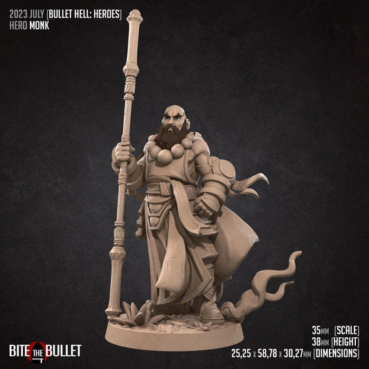 Bullet Hell, Hero Monk | TABLETOP SCALE | D&D TTRPG Miniature | Bite the Bullet | Unpainted, Unplated Resin 8k