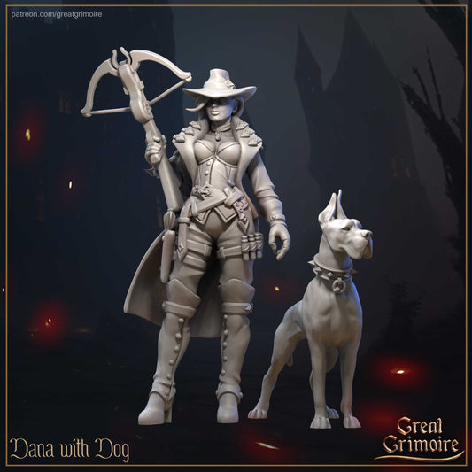 Dana and Dog | TTRPG Miniature | Great Grimoire | Unpainted, Unplated Resin 8k