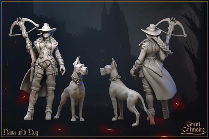 Dana and Dog | TTRPG Miniature | Great Grimoire | Unpainted, Unplated Resin 8k
