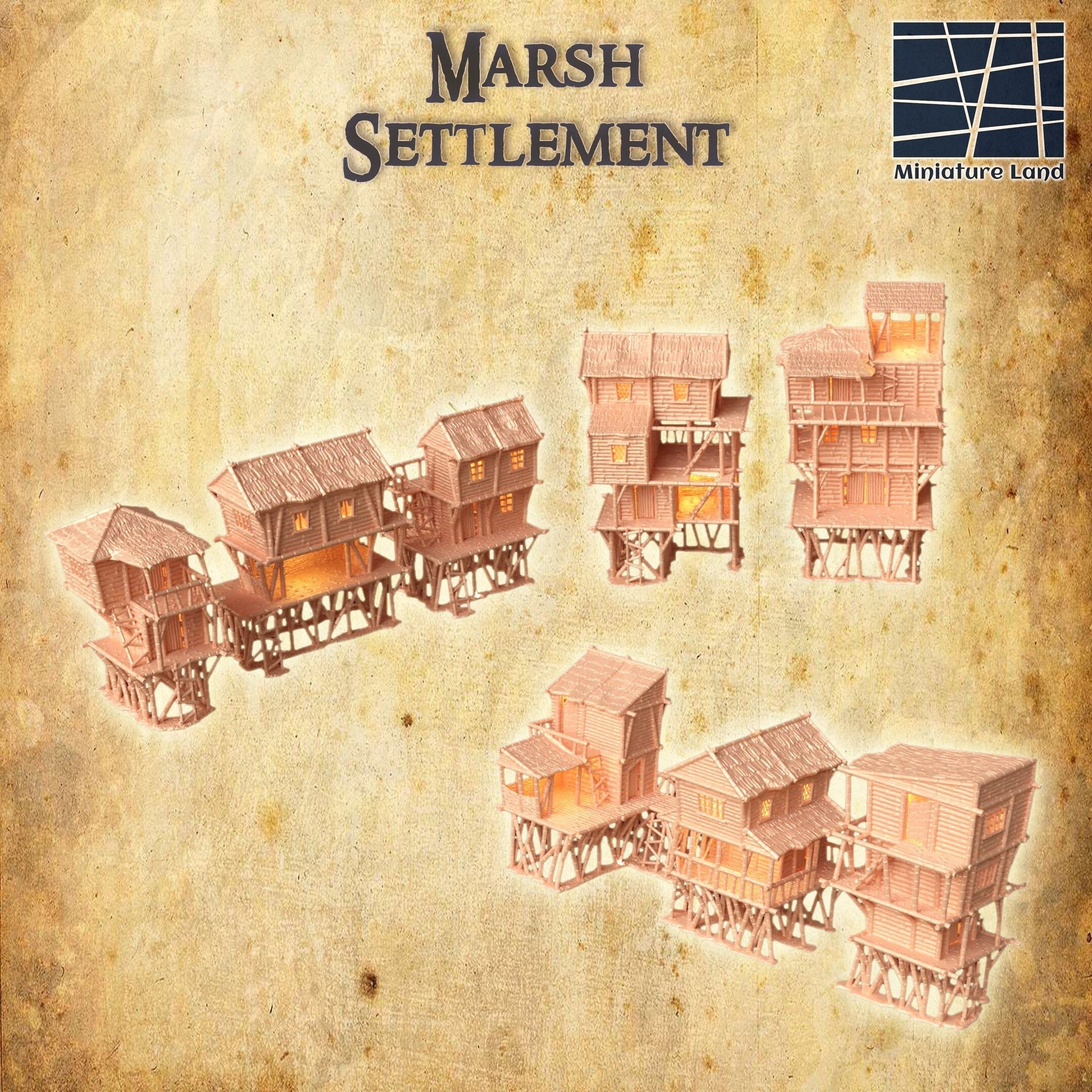 Marsh Settlement | D&D TTRPG Playable 3D Printed Building Terrain Scenery | MiniatureLand
