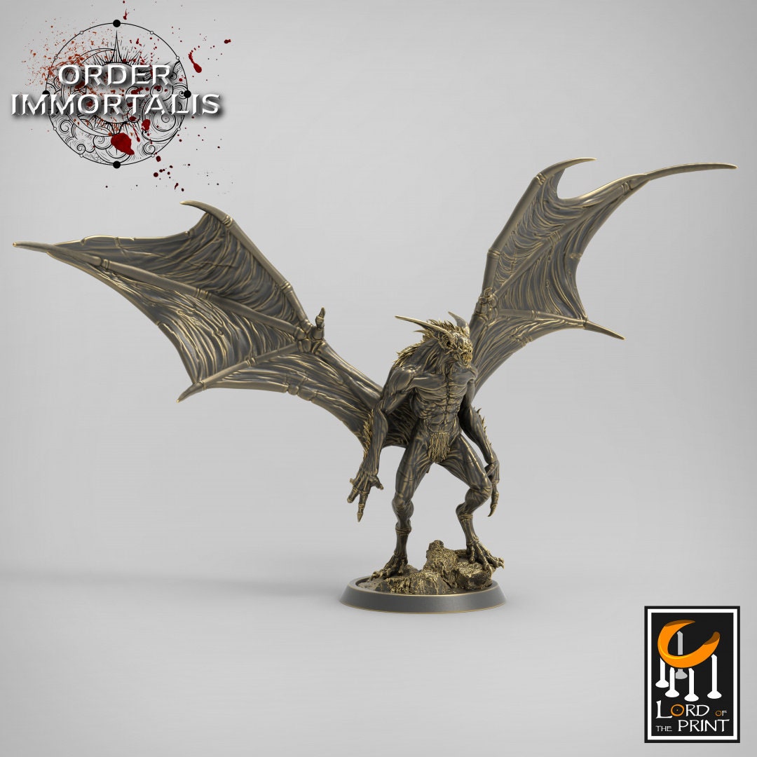 Flying Vampire tabletop monster miniature by Tattles Told 3D, featuring a detailed vampire with wings, designed for rescale miniatures.