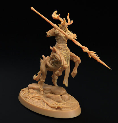 Unpainted resin Forest Centaur Chief D&D miniature by Tattles Told 3D, featuring detailed sculpt of a woodland warrior.