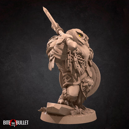 Owlfolk Barbarian, Owlin | TABLETOP SCALE | D&D TTRPG Miniature | Bite the Bullet | Unpainted, Unplated Resin 8k