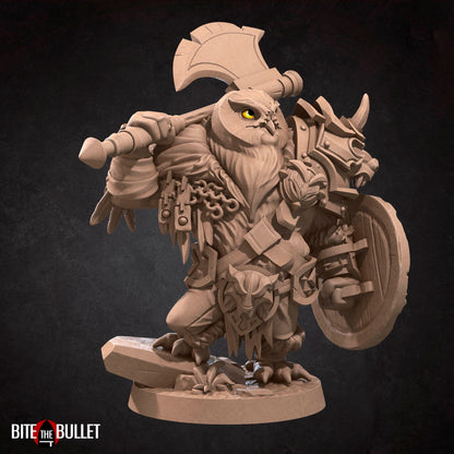 Owlfolk Barbarian, Owlin | TABLETOP SCALE | D&D TTRPG Miniature | Bite the Bullet | Unpainted, Unplated Resin 8k