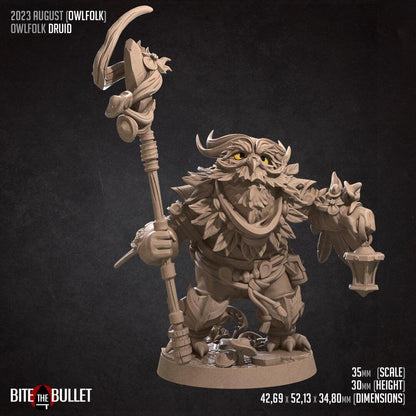 Owlfolk Druid, Owlin | TABLETOP SCALE | D&D TTRPG Miniature | Bite the Bullet | Unpainted, Unplated Resin 8k