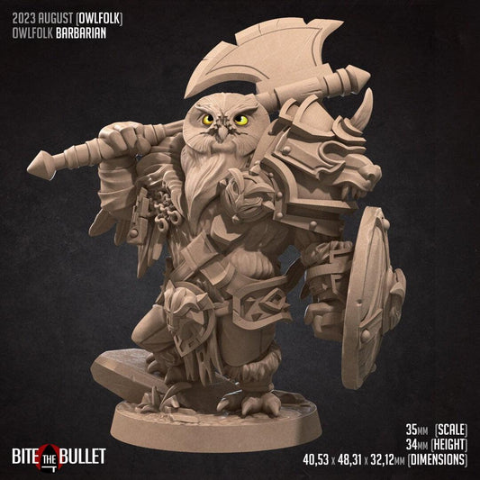 Owlfolk Barbarian, Owlin | TABLETOP SCALE | D&D TTRPG Miniature | Bite the Bullet | Unpainted, Unplated Resin 8k