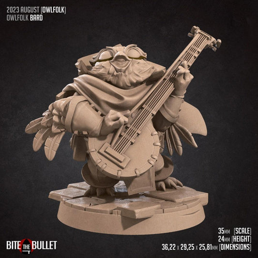 Owlfolk Bard, Owlin | TABLETOP SCALE | D&D TTRPG Miniature | Bite the Bullet | Unpainted, Unplated Resin 8k