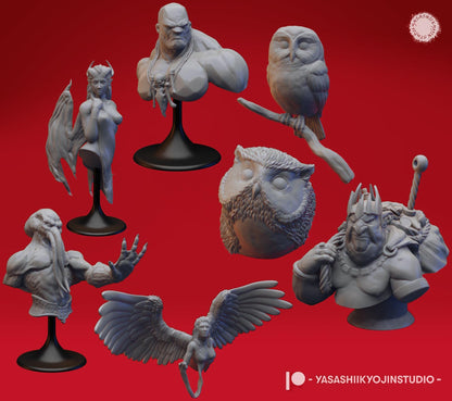 Bust Collection | Deva, Goblin King, Mind Flayer, Northern Saw Whet Owl, Owlbear Cub, Stone Giant, Succubus | Yasashii Kyojin Studio