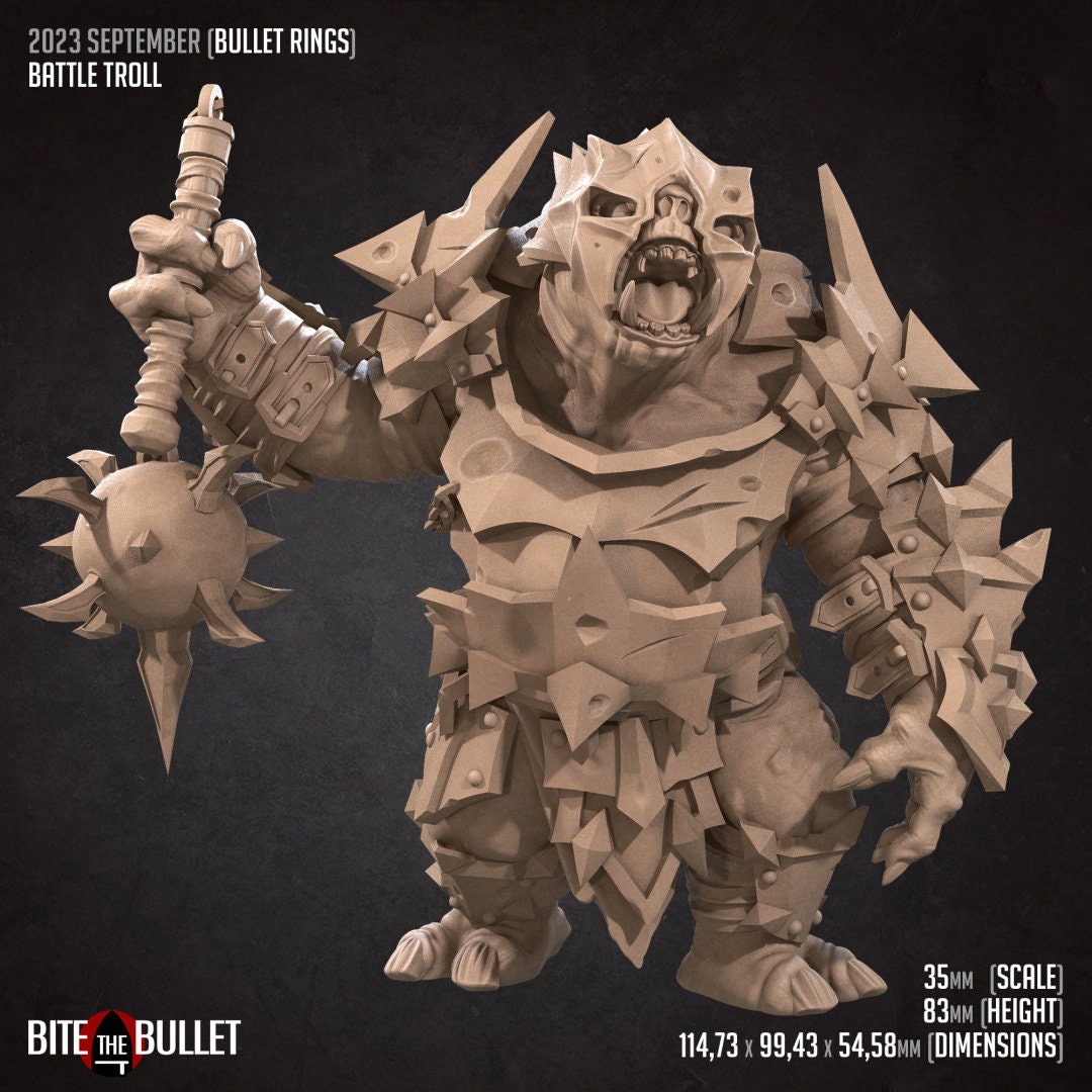 Unpainted resin miniature of Bullet Rings Cave & Battle Troll from Tattles Told 3D, tabletop scale TTRPG mini for gaming and dioramas.