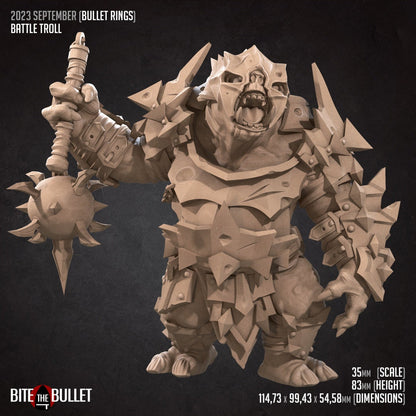 Unpainted resin miniature of Bullet Rings Cave & Battle Troll from Tattles Told 3D, tabletop scale TTRPG mini for gaming and dioramas.