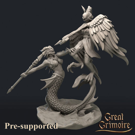 Battle, Harpy vs. Siren | TTRPG Miniature | Great Grimoire | Unpainted, Unplated Resin 8k