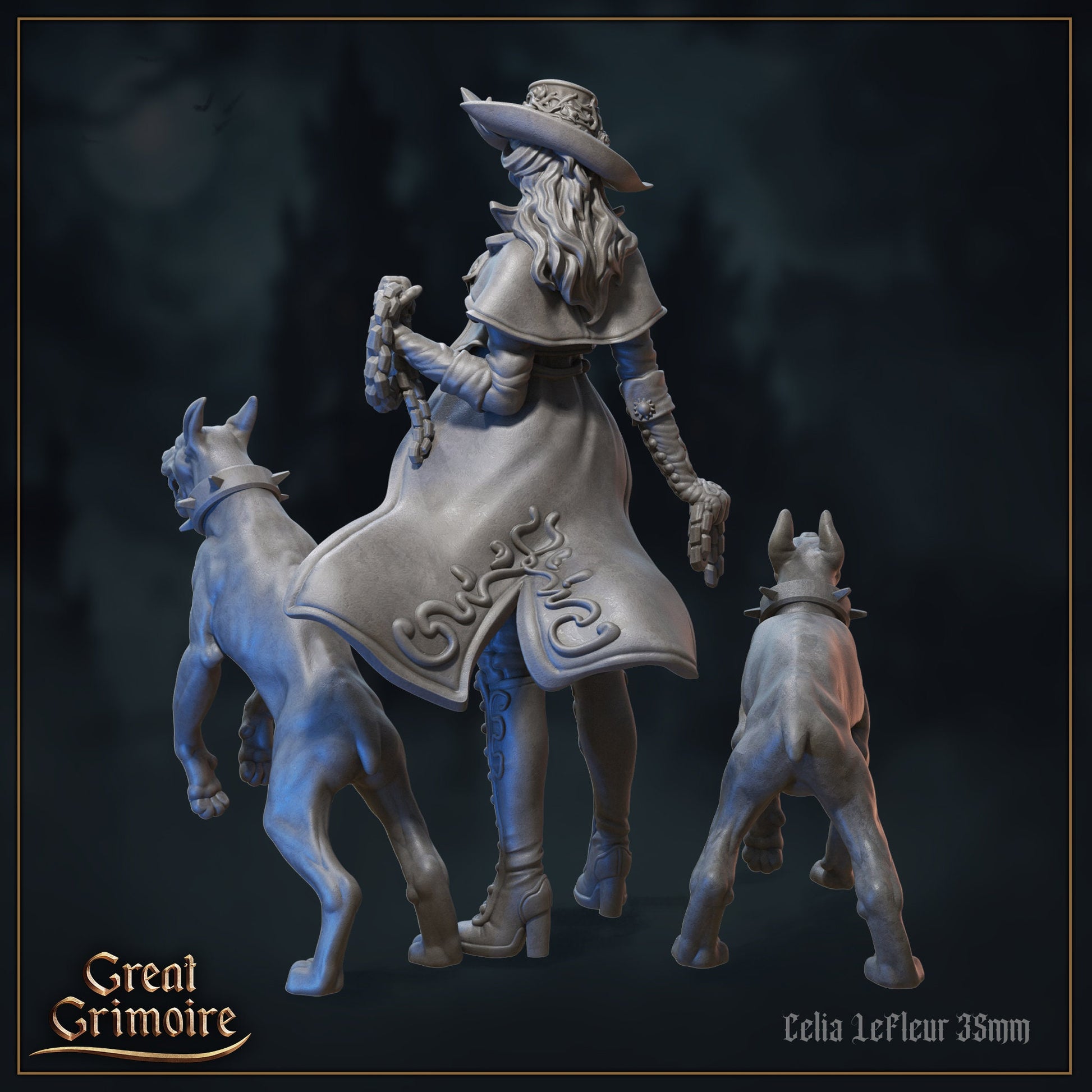 Celia LeFleur, Monster Hunter with Dogs | Cursed in Stone | D&D Tabletop Miniature | Great Grimoire