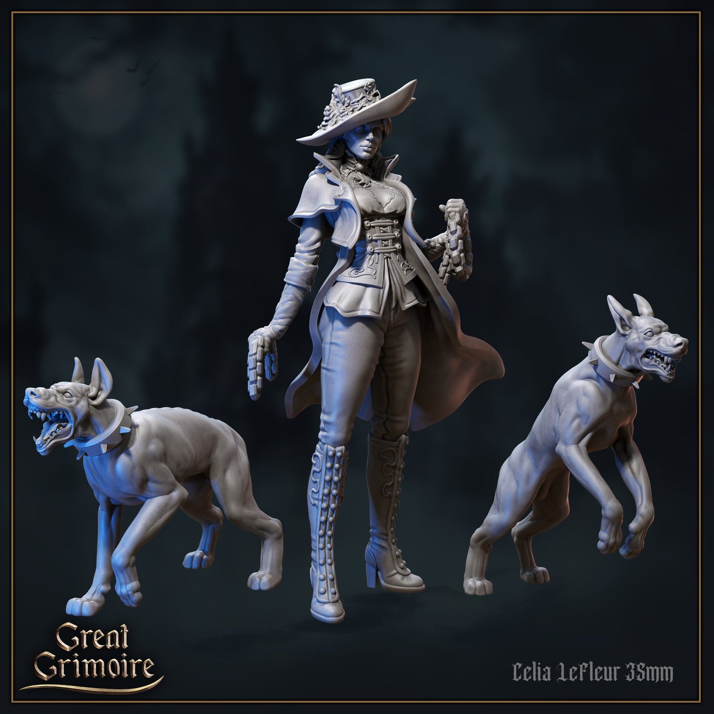 Celia LeFleur, Monster Hunter with Dogs | Cursed in Stone | D&D Tabletop Miniature | Great Grimoire