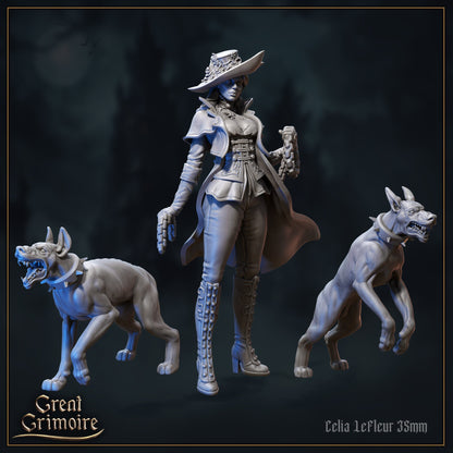 Celia LeFleur, Monster Hunter with Dogs | Cursed in Stone | D&D Tabletop Miniature | Great Grimoire