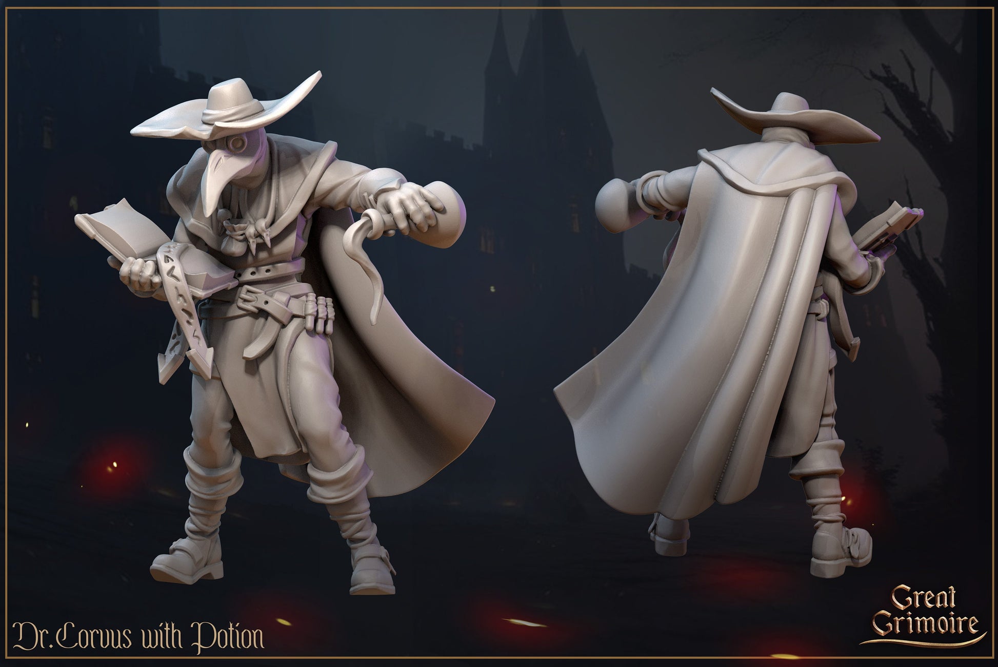 Doctor Corvus, Crow & Potion | TTRPG Miniature | Great Grimoire | Unpainted, Unplated Resin 8k