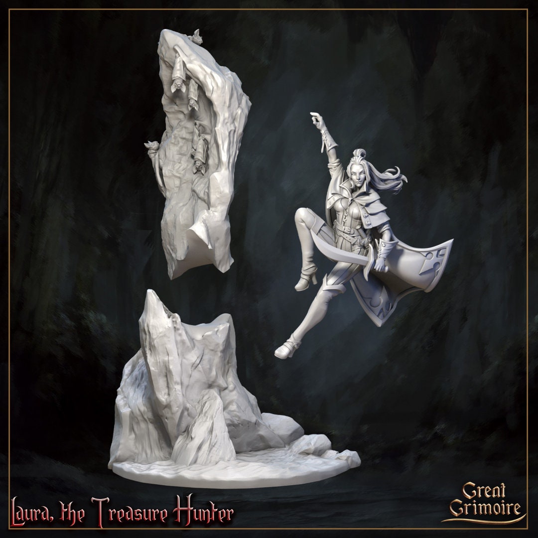 Laura, the Treasure Hunter and Uncanny Treasure Chest | 75mm Display, Garage Kit Miniature | Horrors of the Underground | Great Grimoire