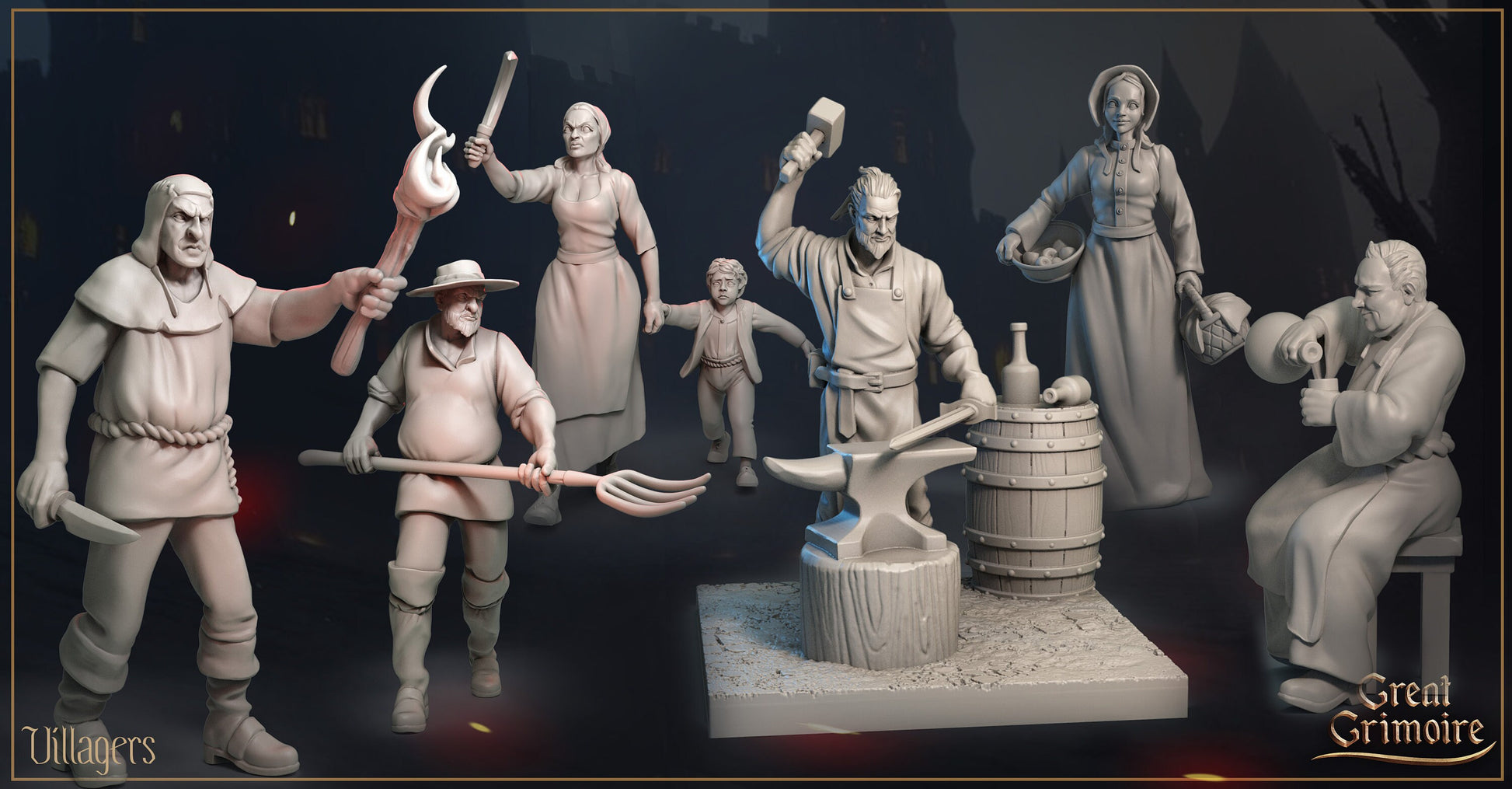 Villagers | TTRPG Miniature | Great Grimoire | Unpainted, Unplated Resin 8k