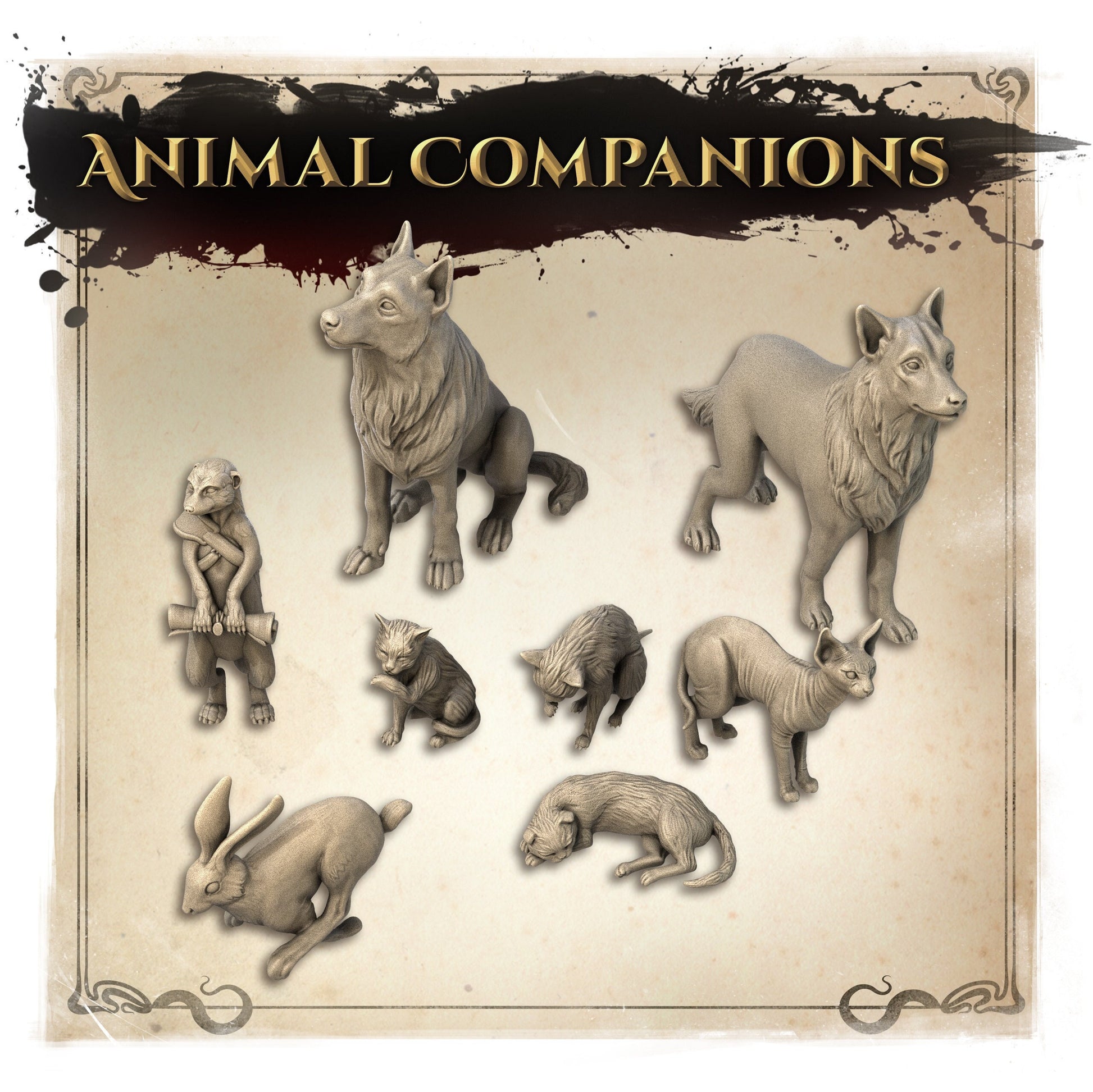 Animal Companions, Familiars, Cats, Dogs, Meerkat, Rabbit | Wicked Hills Asylum | D&D TTRPG Miniature | Great Grimoire