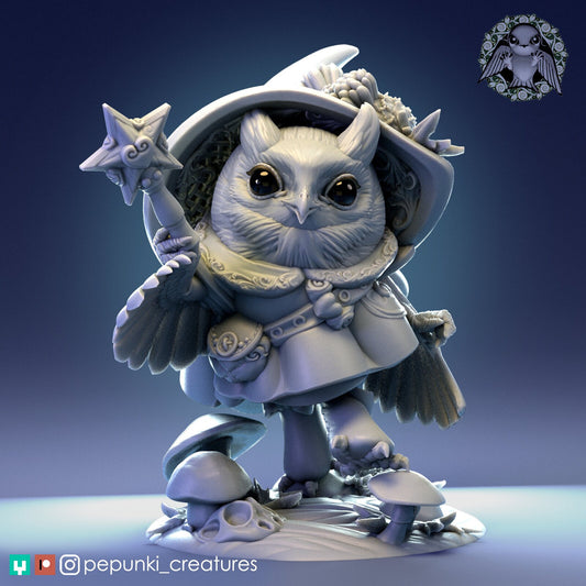 Owl Mage Wizard | Tabletop or Display Scale | D&D Humblewood TTRPG Miniature | Pepunki Creatures
