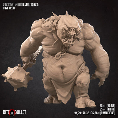 Unpainted resin miniature of Cave & Battle Troll, Mines Monsters Bullet Rings for TTRPG tabletop game by Tattles Told 3D.