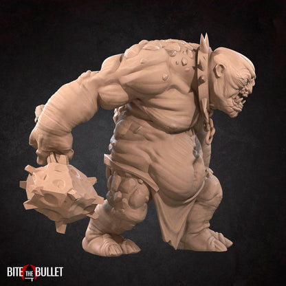 Unpainted resin miniature of Bullet Rings Cave & Battle Troll from Tattles Told 3D, tabletop scale TTRPG miniatures.