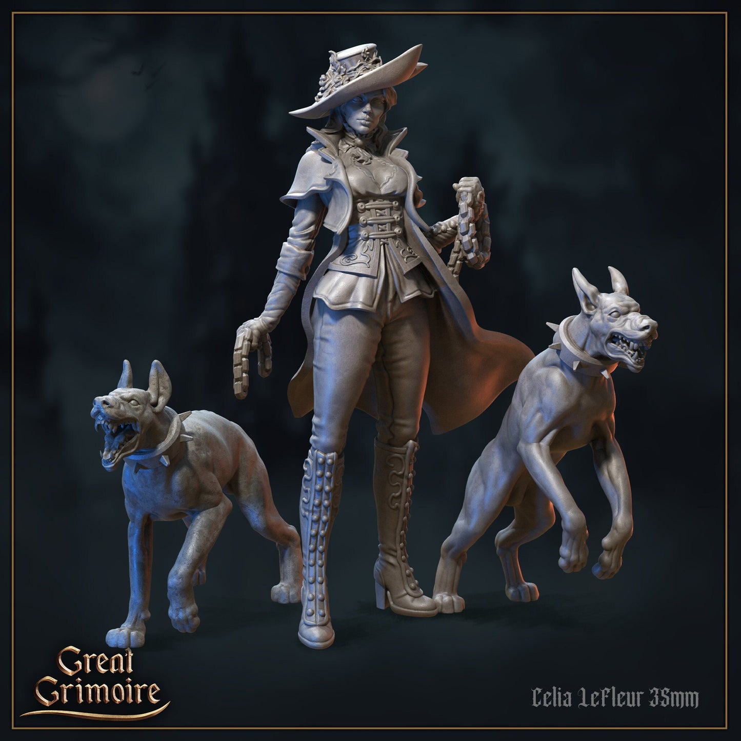 Celia LeFleur, Monster Hunter with Dogs | Cursed in Stone | D&D Tabletop Miniature | Great Grimoire