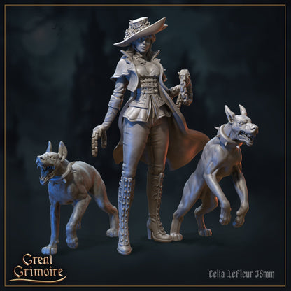 Celia LeFleur, Monster Hunter with Dogs | Cursed in Stone | D&D Tabletop Miniature | Great Grimoire