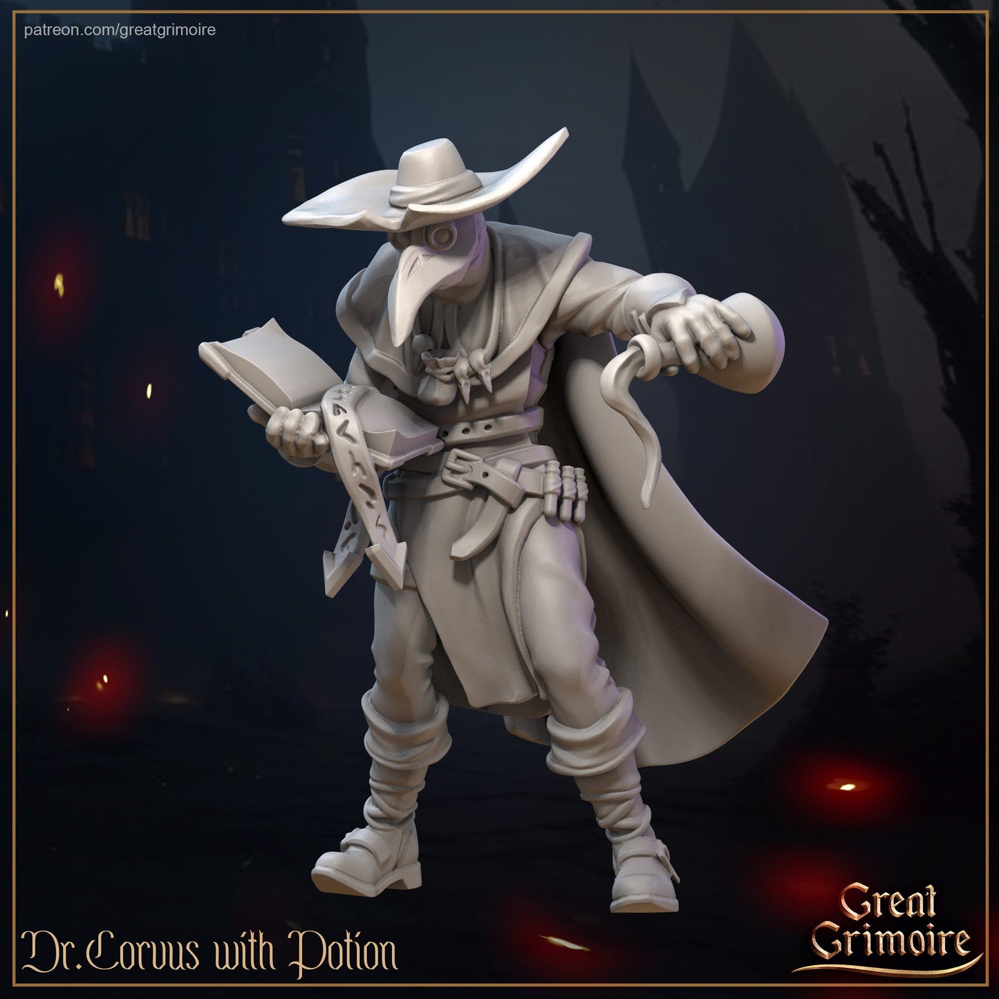 Doctor Corvus, Crow & Potion | TTRPG Miniature | Great Grimoire | Unpainted, Unplated Resin 8k